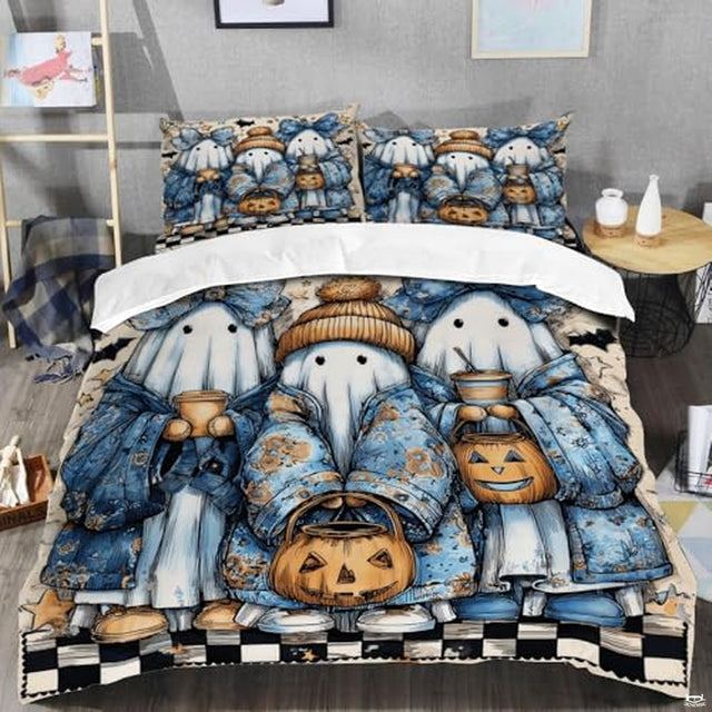 Angled bedroom setup showing bed styled with playful blue jacket ghost trio bedding.