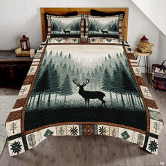 Pine tree bedding set displaying stag silhouettes amidst misty forest artwork and rustic borders.
