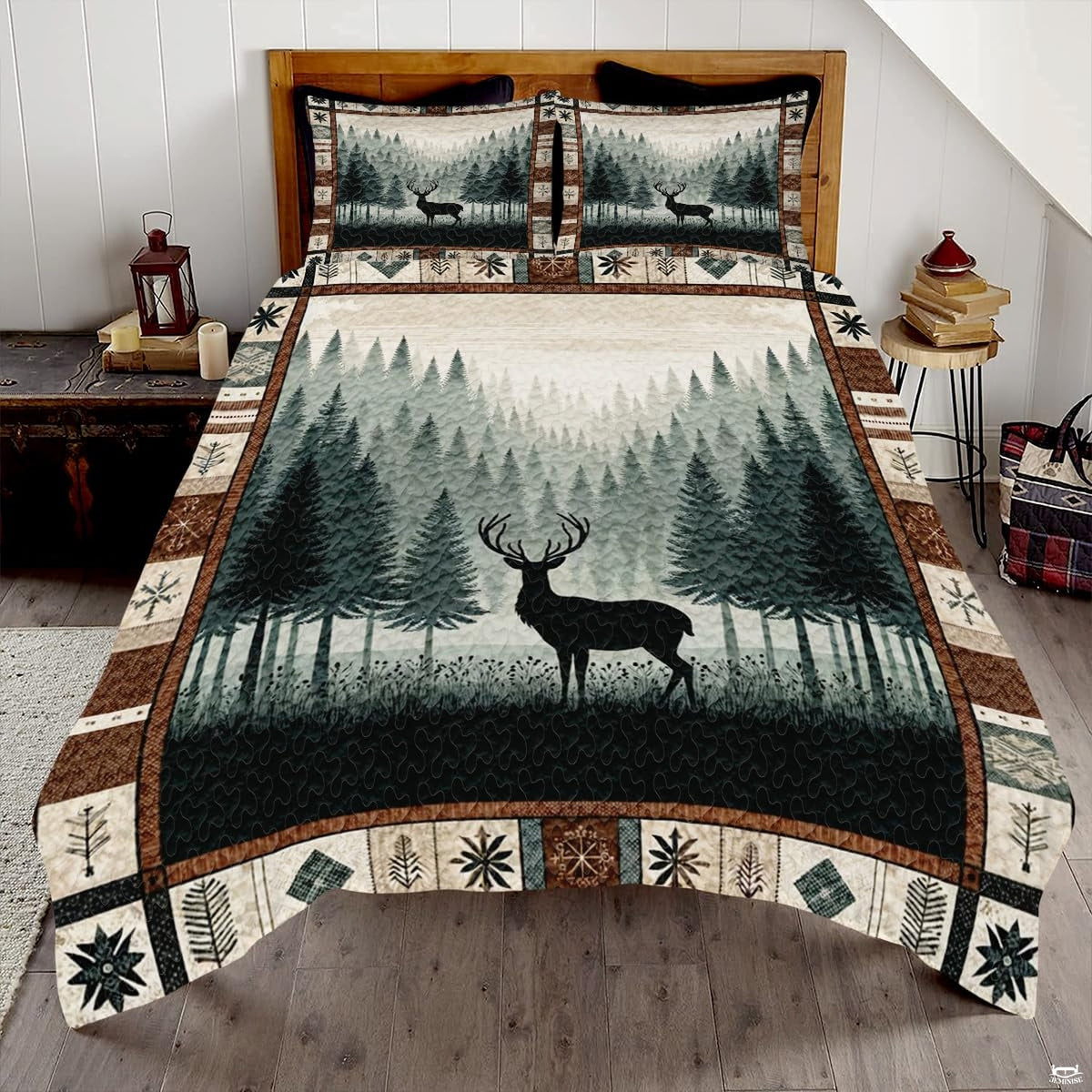 Pine tree bedding set displaying stag silhouettes amidst misty forest artwork and rustic borders.