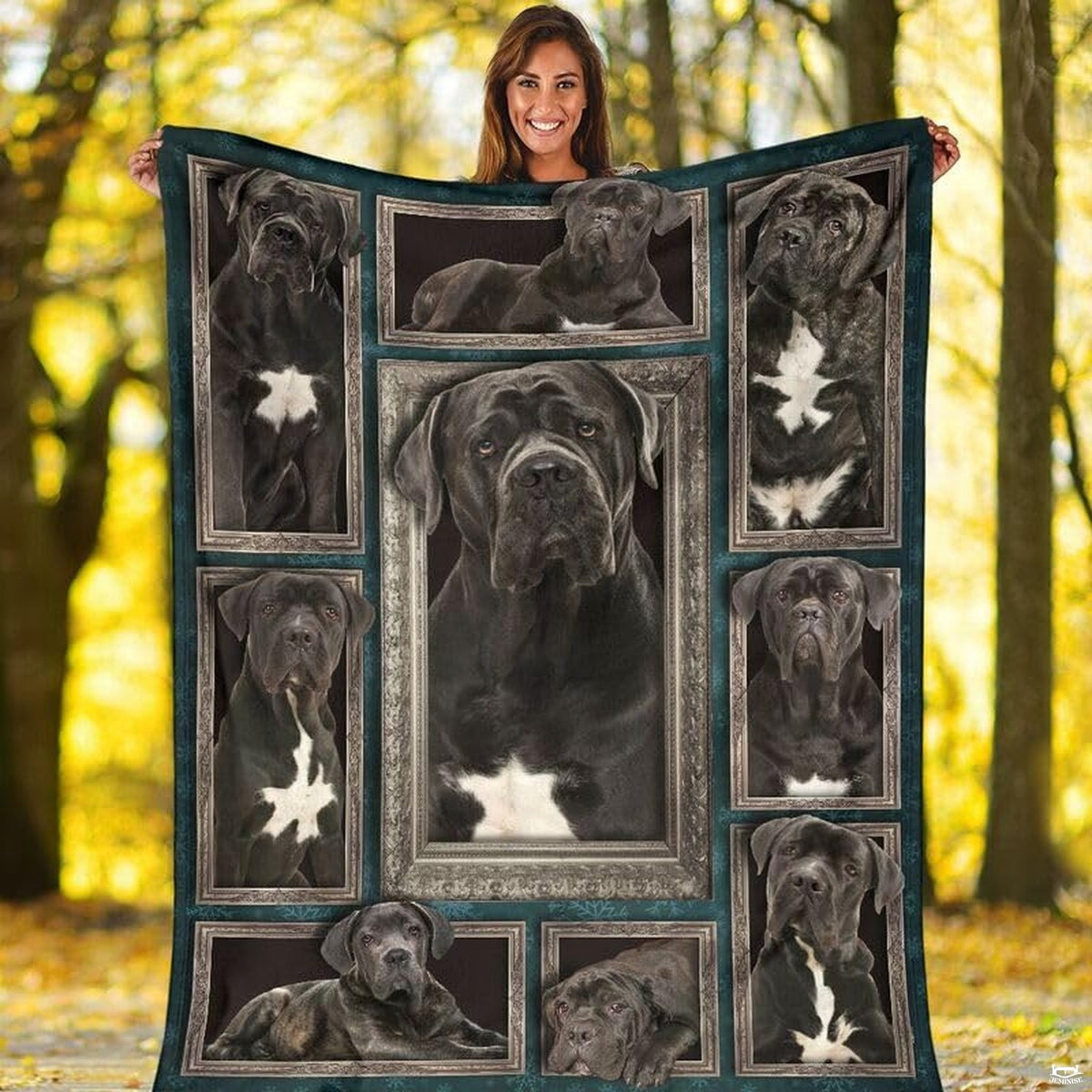 Folded drape showing deep charcoal Cane Corso portraits alongside white reverse side.
