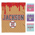 Waffle cone pattern background with strawberry glaze, rainbow sprinkles, and central baseball emblem.