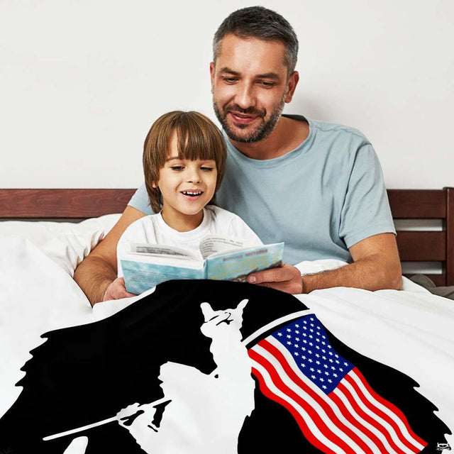 Bigfoot silhouette with rock hand sign, American flag, pine trees, and bold typography, view 2.