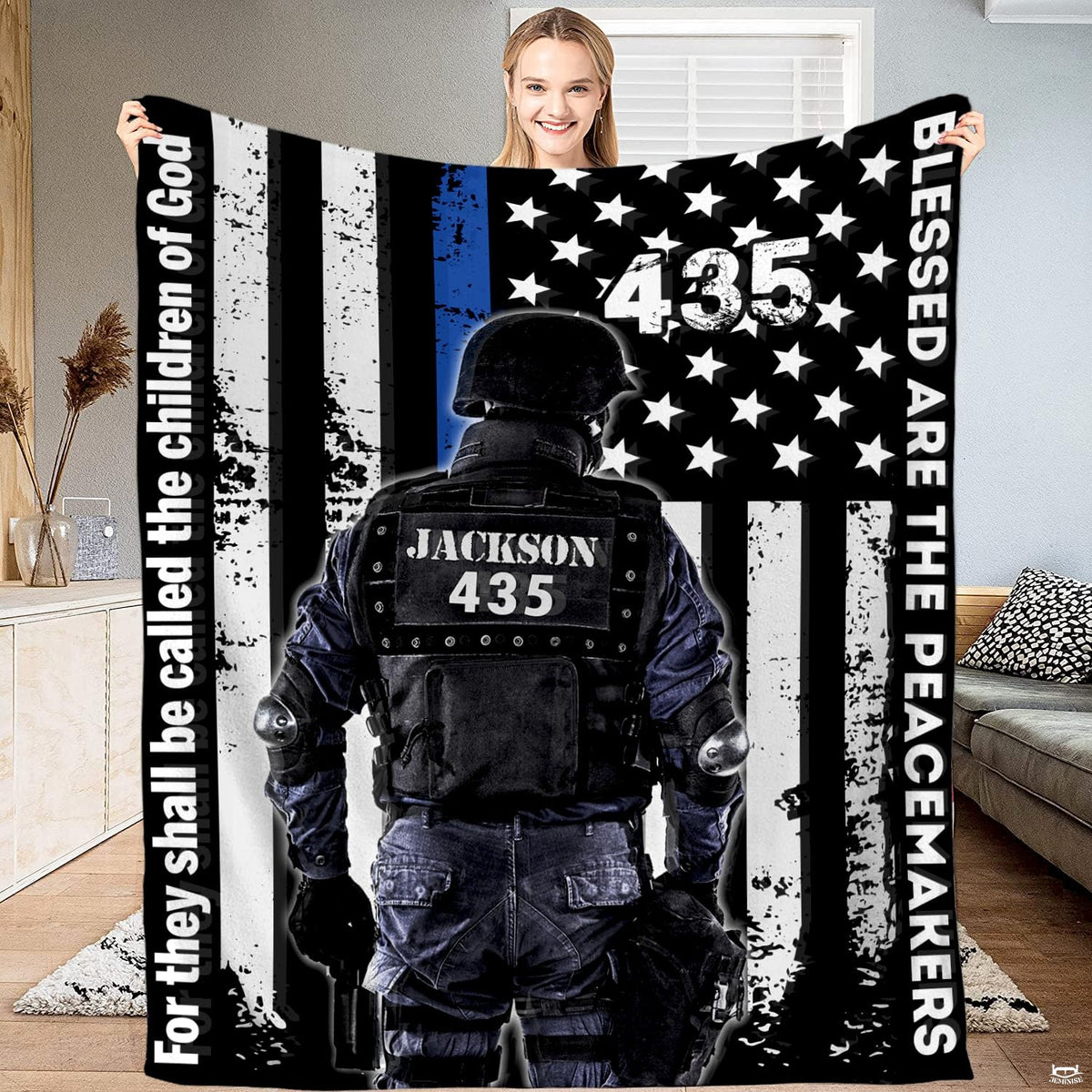 Distressed thin blue line USA tribute artwork featuring a tactical officer silhouette and bold stencil typography.