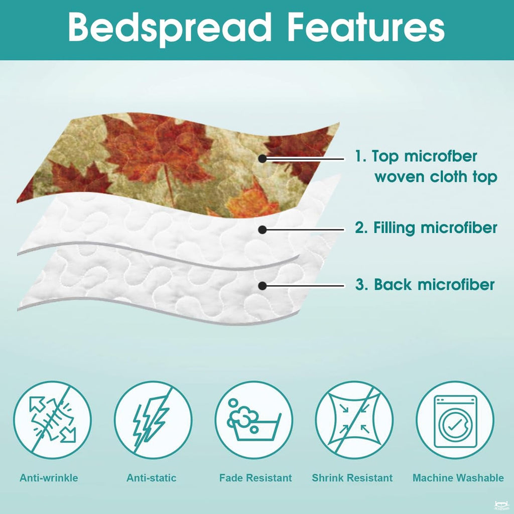 Full bedroom display of artistic autumn foliage bedding set in a rustic country home setting