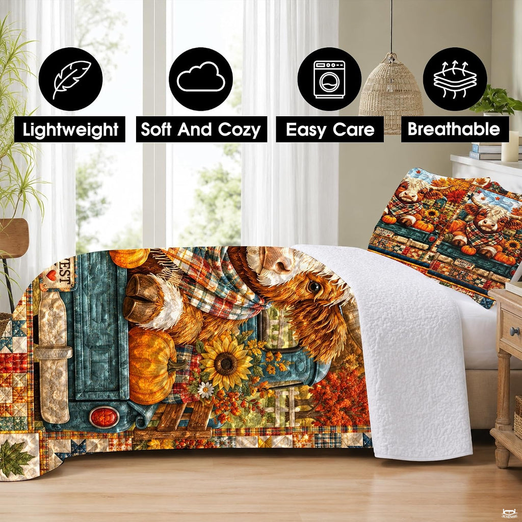 Close-up perspective of Highland cow face, plaid bandana, and orange harvest pumpkins on country bedding