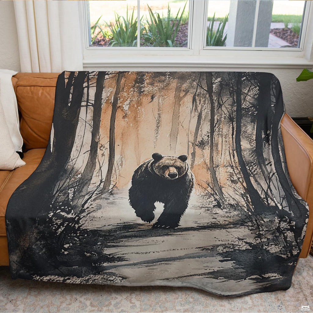 Watercolor painting of grizzly bear walking along forest trail in sepia and ink wash, view 3.