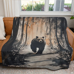 Watercolor painting of grizzly bear walking along forest trail in sepia and ink wash, view 3.
