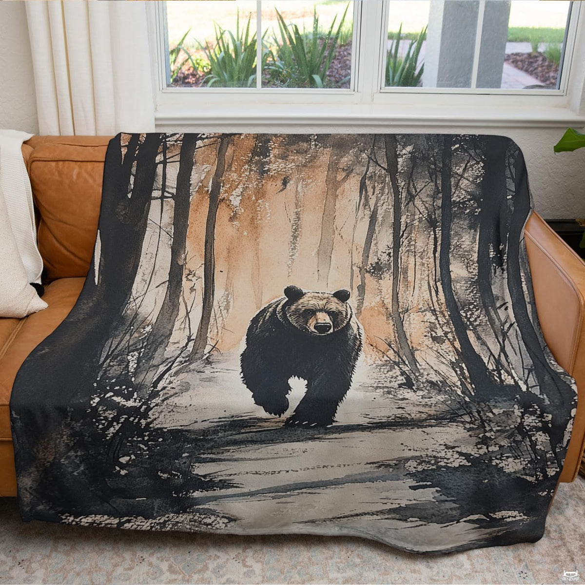 Watercolor painting of grizzly bear walking along forest trail in sepia and ink wash, view 3.