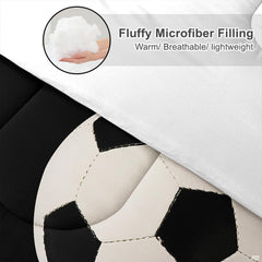 Corner fold view of black soccer bedding showcasing sharp monochrome printing on sleek dark background
