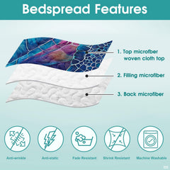 Artful sea turtle bedding set scene displaying glowing cyan tones and floating botanicals.
