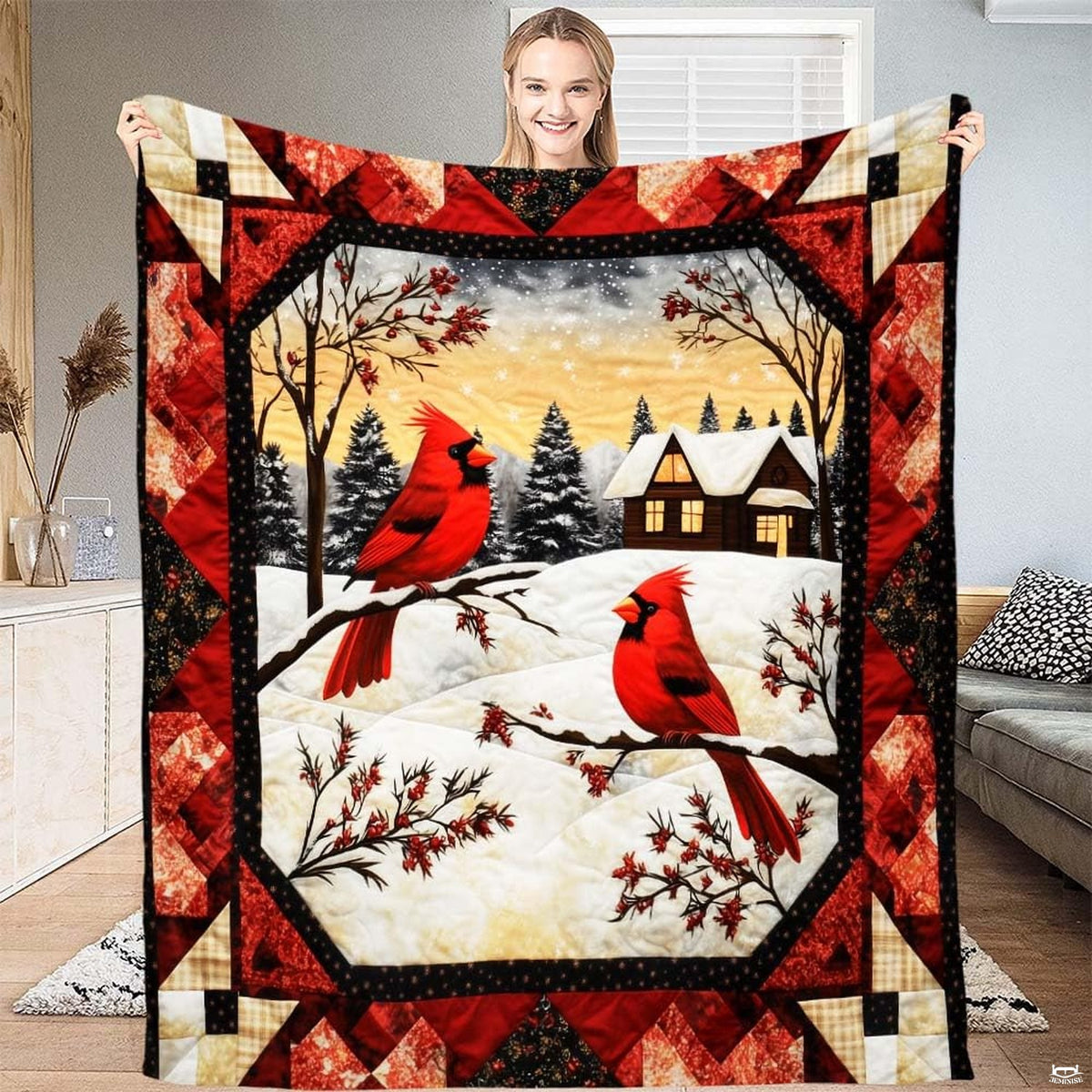 Rustic cabin bedding set featuring vivid red cardinals and a snow-covered wooden lodge at sunset.