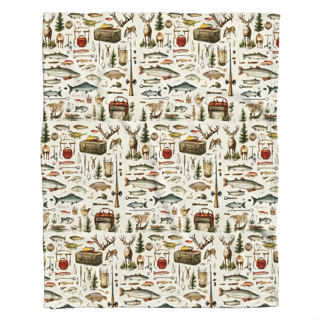 Hunting nursery bedding featuring mallard ducks, deer, and freshwater fish on cream background.