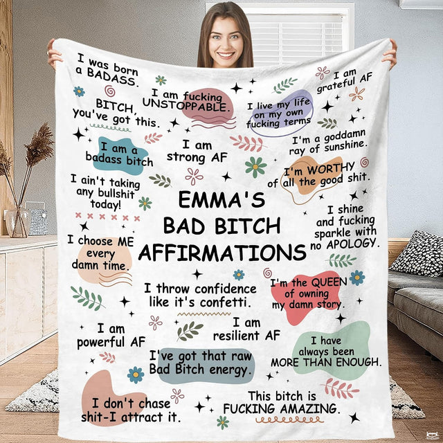 Sassy daily affirmations white throw blanket displaying bold quote collage and pastel boho blobs