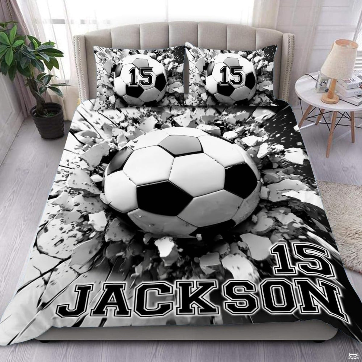 Soccer bedding displaying 3D soccer ball bursting through shattered concrete fissures on monochrome background