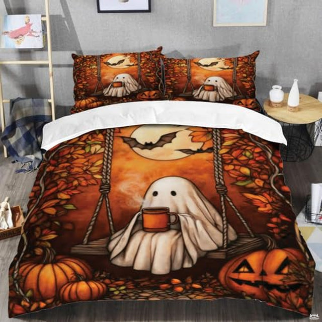 Cute ghost on porch swing autumn bedding with pumpkins - view 2