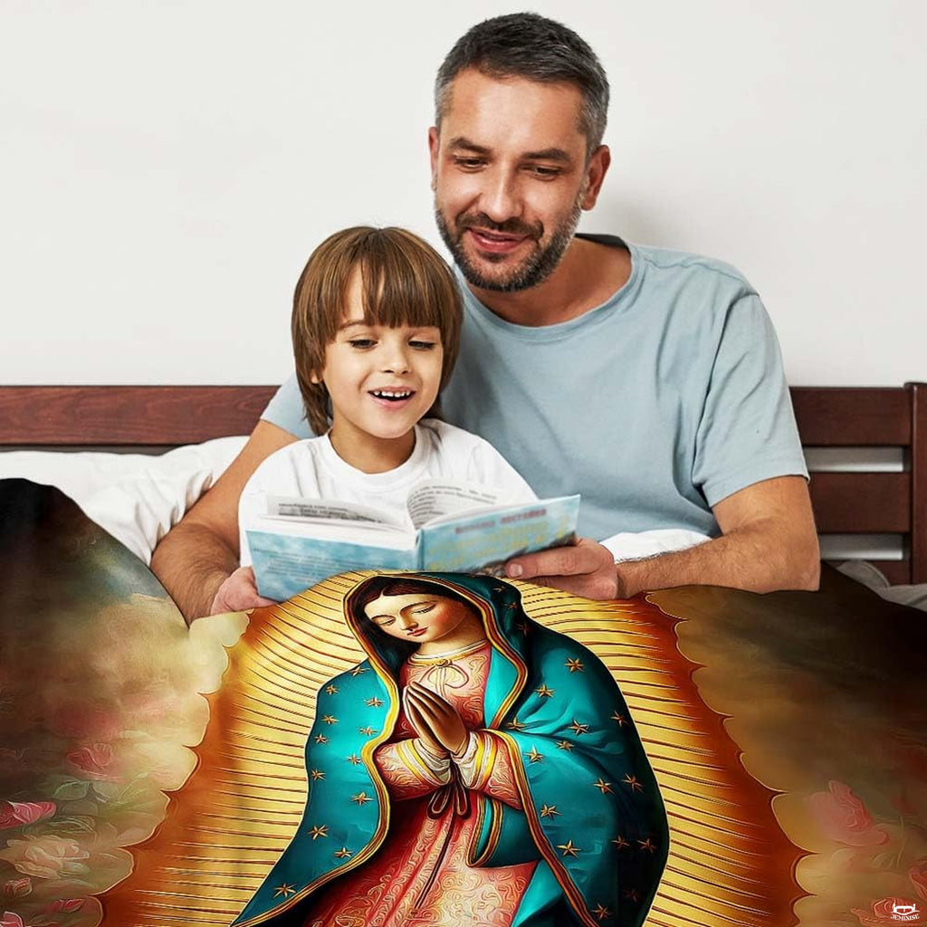 Bed mockup showing top section of Guadalupe sacred artwork with golden sunburst halo.