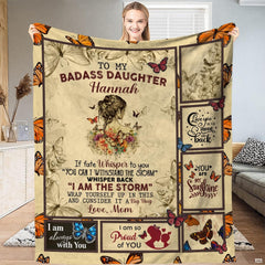Sentimental daughter throw blanket featuring monarch butterflies, portrait silhouette, and inspirational panels