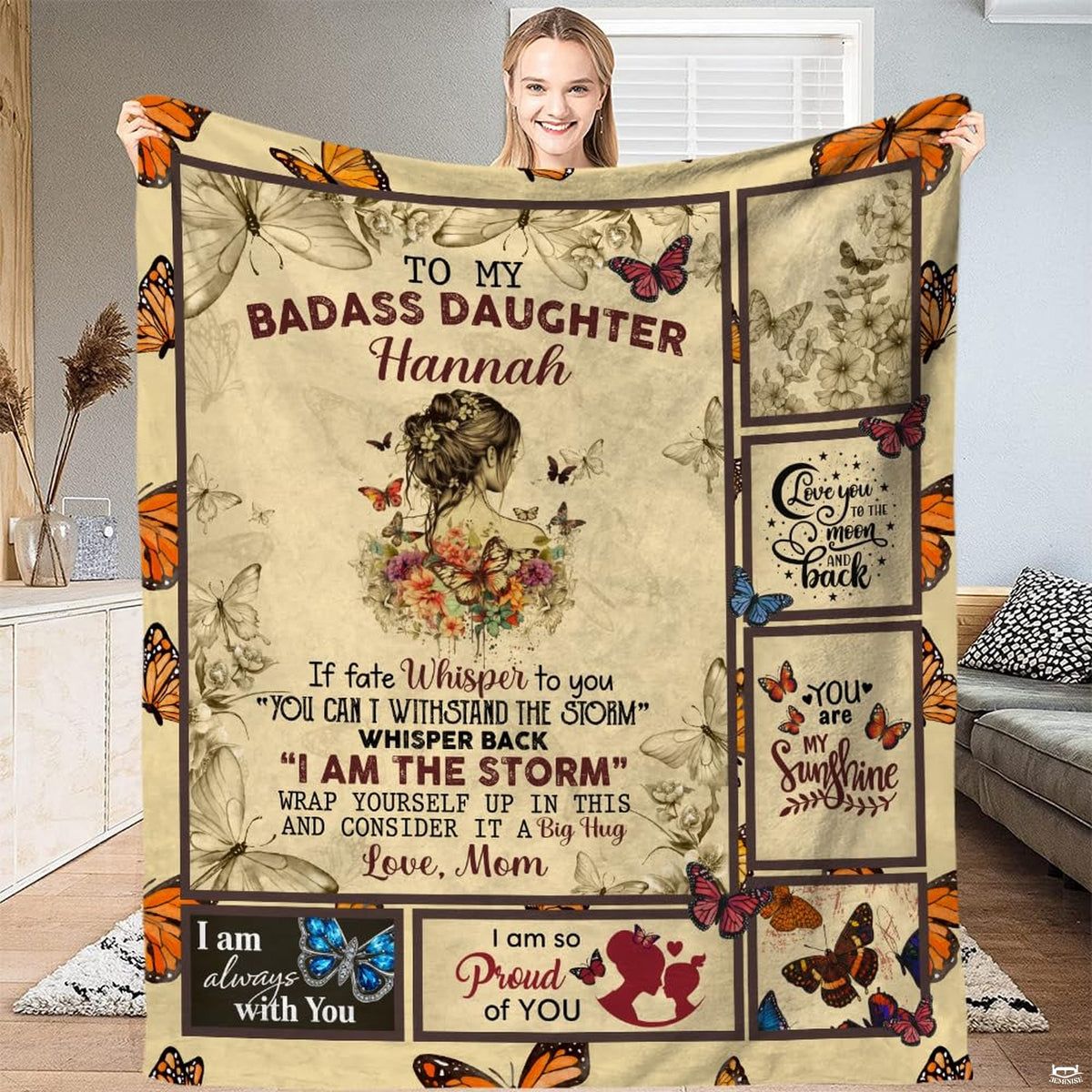 Sentimental daughter throw blanket featuring monarch butterflies, portrait silhouette, and inspirational panels