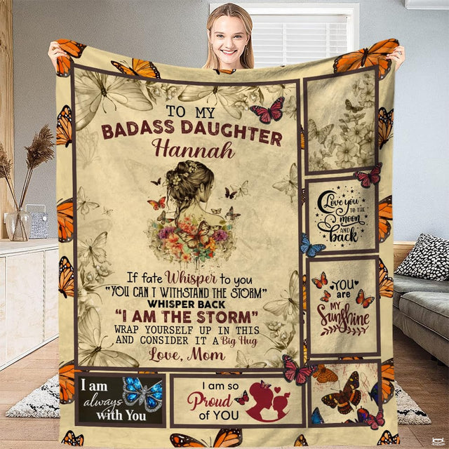 Sentimental daughter throw blanket featuring monarch butterflies, portrait silhouette, and inspirational panels