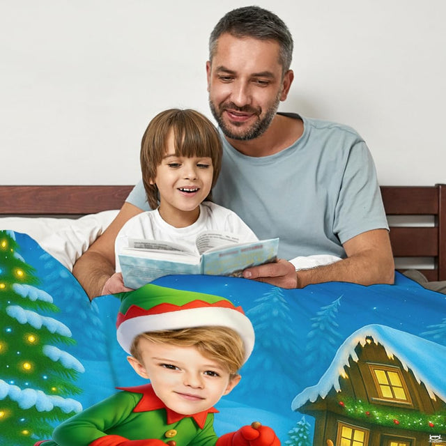 Christmas elf on reindeer-drawn sled in snowy alpine scene, view 2.