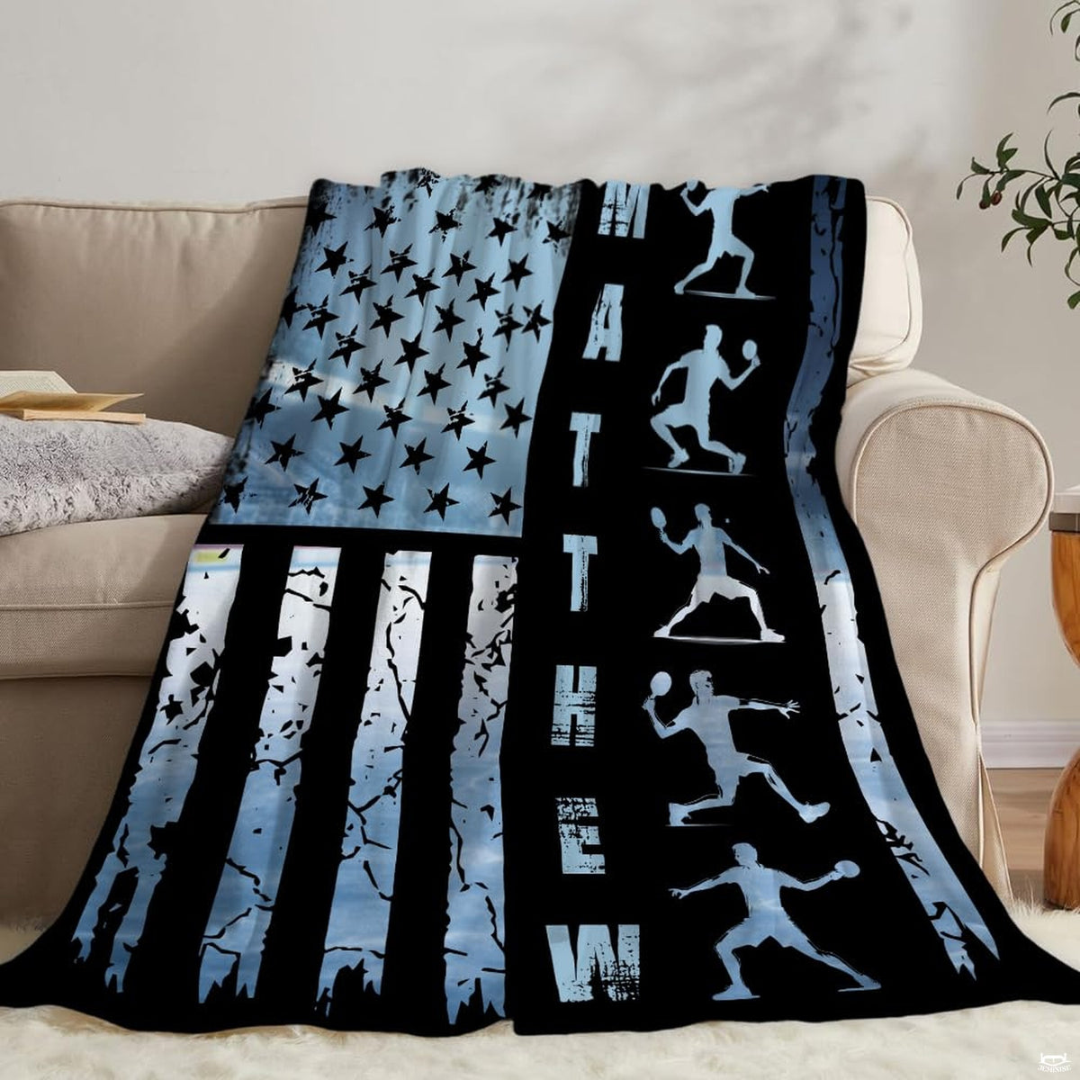 Patriotic pickleball flag throw blanket view 6 highlighting court player graphics and sports room decor