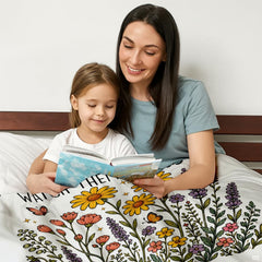 Folded teacher appreciation wildflower throw blanket resting on wooden table displaying floral print