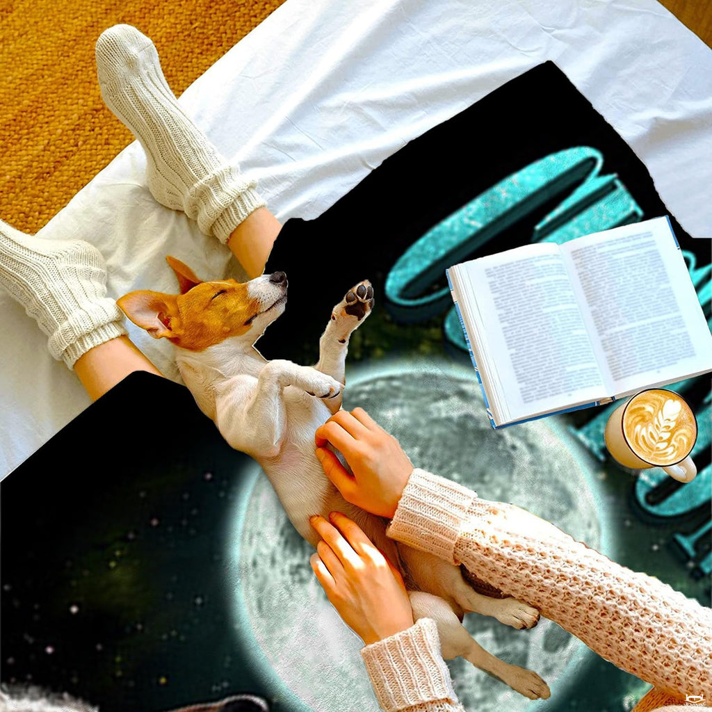 Wildlife bed sheets with detailed wolf illustration set against green celestial nebula tones.