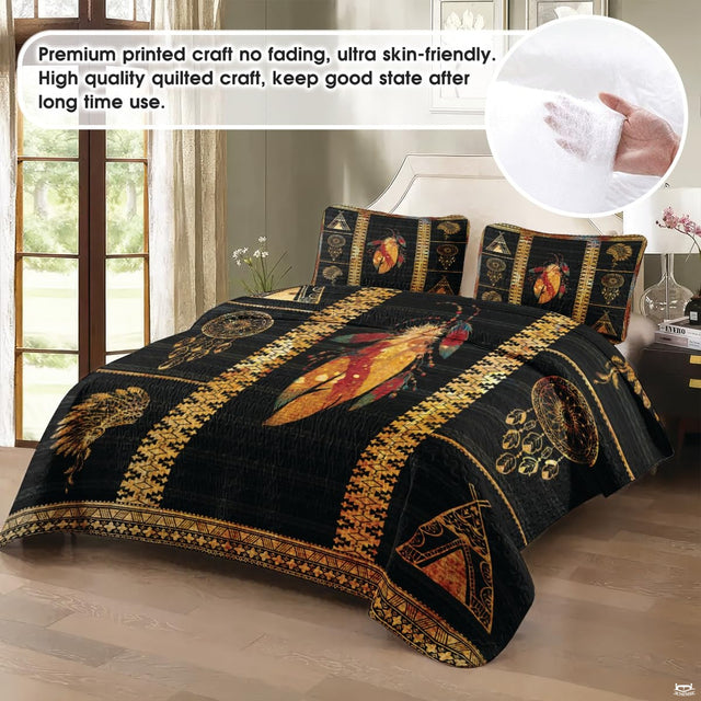 Native American inspired bedding set display showcasing central feather motifs and geometric borders.