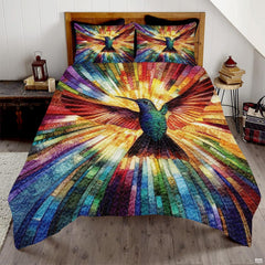 Green blue hummingbird with spread wings over multicolored radial strips
