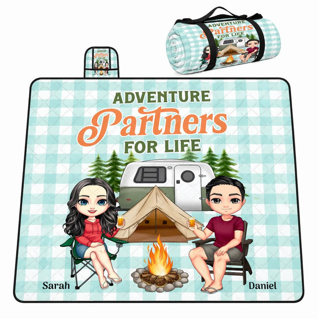 Cartoon couple by campfire and teardrop camper trailer on mint gingham, view 1.