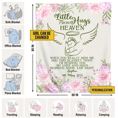 Infographic displaying dimensions and household uses for the memorial blanket.