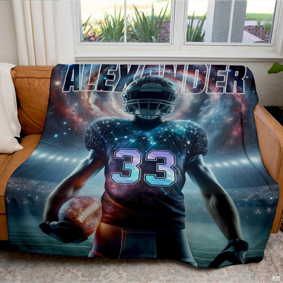 Cosmic galaxy football player with nebula constellation patterns under stadium lights, view 5.
