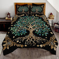 Celtic Tree of Life bedding displaying golden timber roots and vibrant teal leaf canopy on midnight black background
