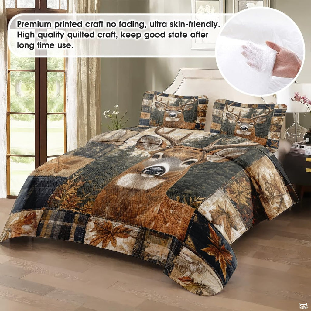 Rustic lodge bedspreads display featuring realistic whitetail buck deer portraits and distressed wood patterns.
