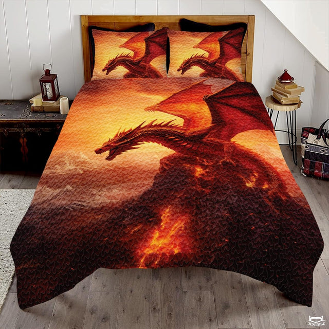 Fantasy Winged Dragon Comforter Set with Volcanic Eruption And Bedroom