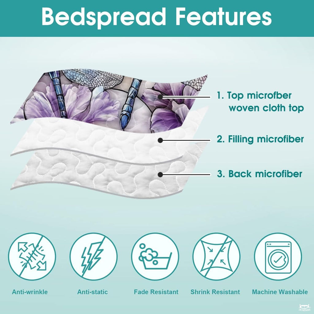 Dragonfly Couple Quilt Set, Dragonflies Patchwork Style Quilt Set - Cotton Quilt Bedding, Patchwork Pattern Quilt Bedspread, Dragonfly Stained Glass Style Bedding Gift