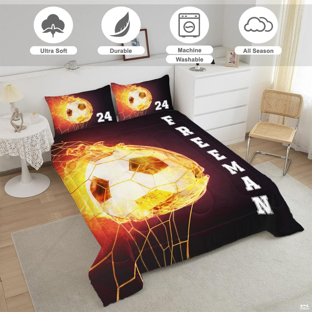 Close-up perspective of fire soccer bedding showing golden flame tendrils and detailed ball panel graphics