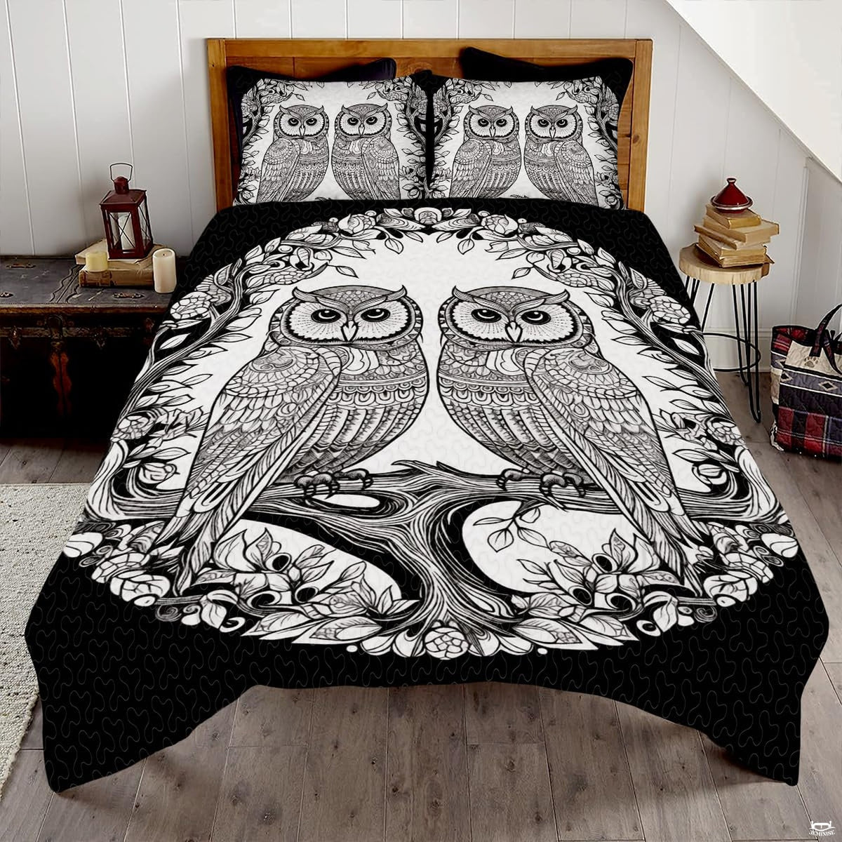 Majestic arctic snowy owl wildlife bedding set displayed neatly on a bed in a serene bedroom