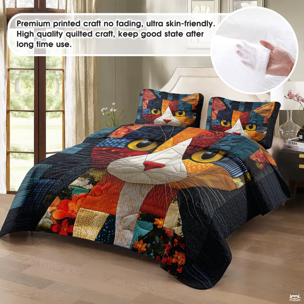 Cat Patchwork Quilt Set, Animal Pattern Bedding, Cat Pattern Quilt Set Patchwork Style, Colorful Quilts Bedspread Twin Size, Throw Full Queen King Quilt Blanket