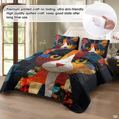 Cat Patchwork Quilt Set, Animal Pattern Bedding, Cat Pattern Quilt Set Patchwork Style, Colorful Quilts Bedspread Twin Size, Throw Full Queen King Quilt Blanket