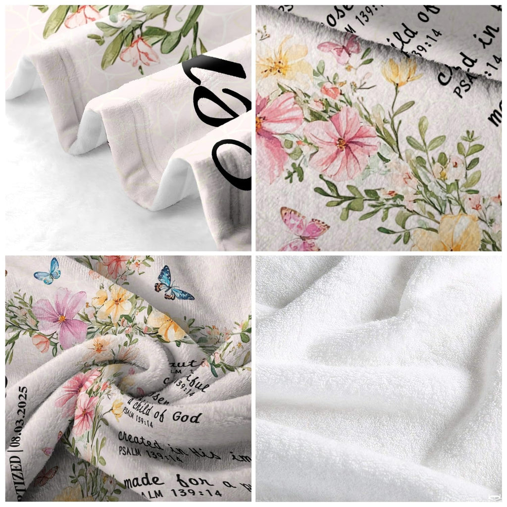 Four-panel macro visual detailing pastel flowers, butterfly prints, and plush white interior surface