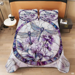 Dragonfly Couple Quilt Set, Dragonflies Patchwork Style Quilt Set - Cotton Quilt Bedding, Patchwork Pattern Quilt Bedspread, Dragonfly Stained Glass Style Bedding Gift