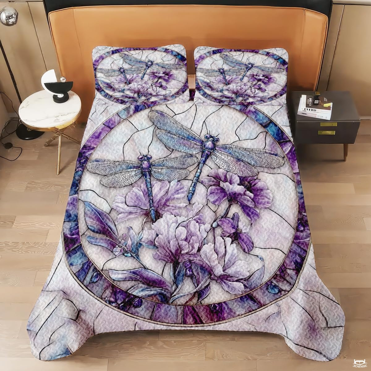 Dragonfly Couple Quilt Set, Dragonflies Patchwork Style Quilt Set - Cotton Quilt Bedding, Patchwork Pattern Quilt Bedspread, Dragonfly Stained Glass Style Bedding Gift