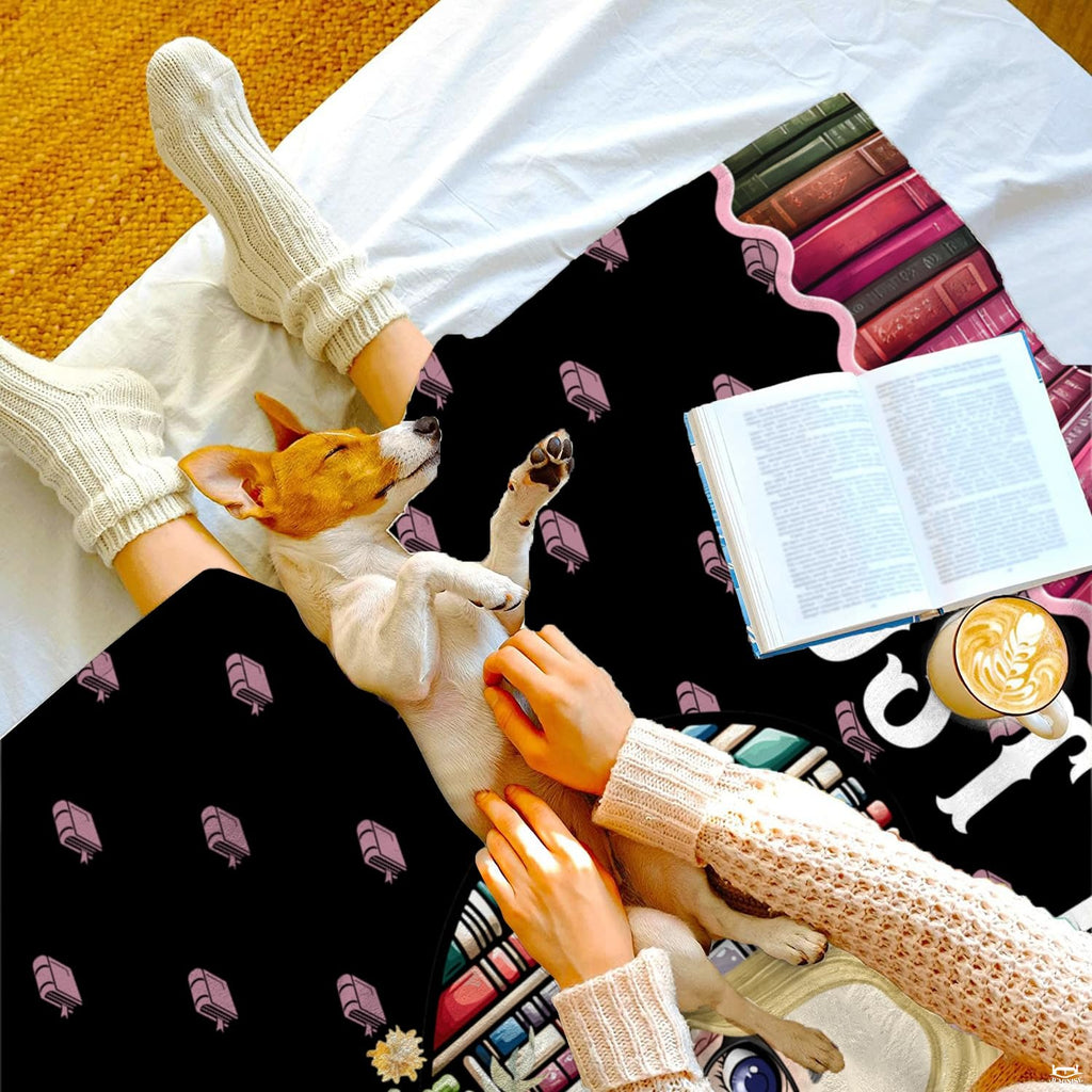 Cute bookworm girl throw blanket view 3 highlighting cartoon reader, heart bookcase, and floral roses