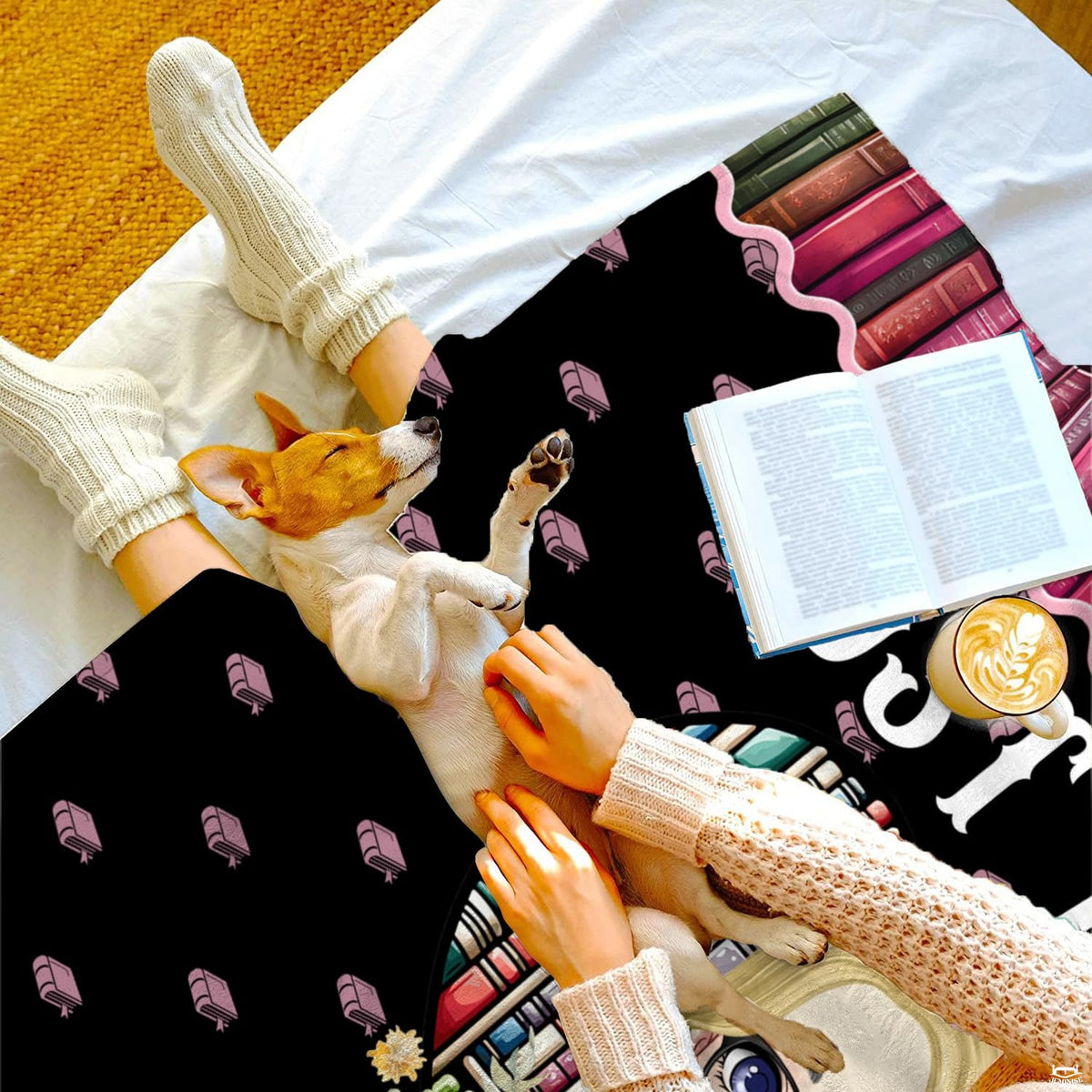 Cute bookworm girl throw blanket view 3 highlighting cartoon reader, heart bookcase, and floral roses