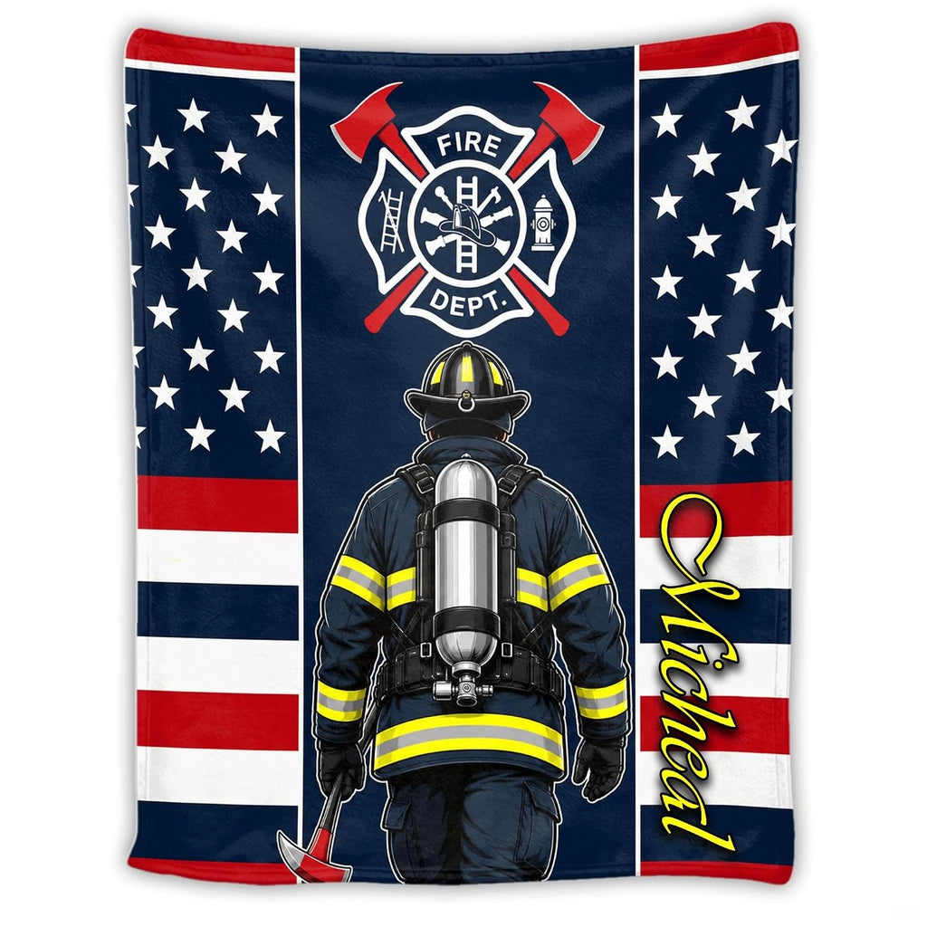 Close-up perspective of firefighter air tank cylinder and reflective turnout gear on Blanket.