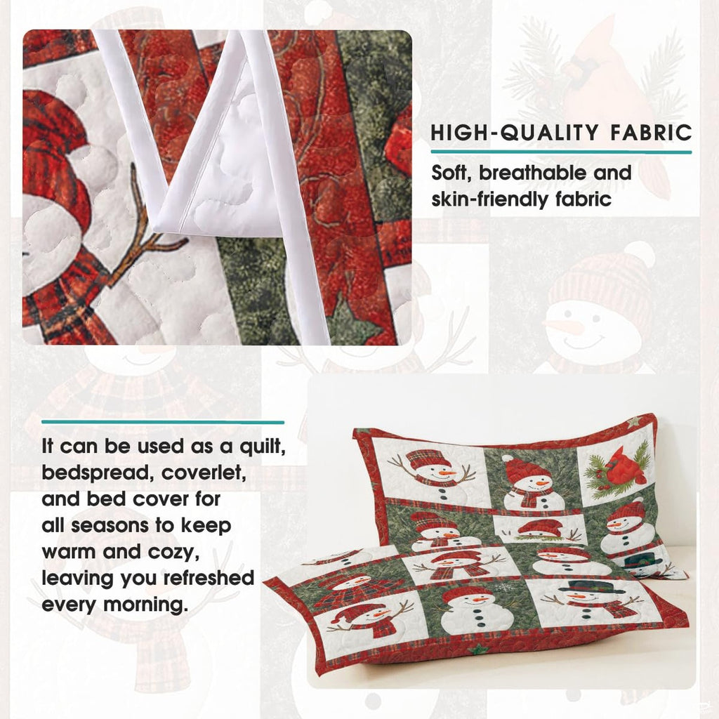 Festive bedroom styling of holiday bedding set arranged on a wooden bed frame with winter room decor.