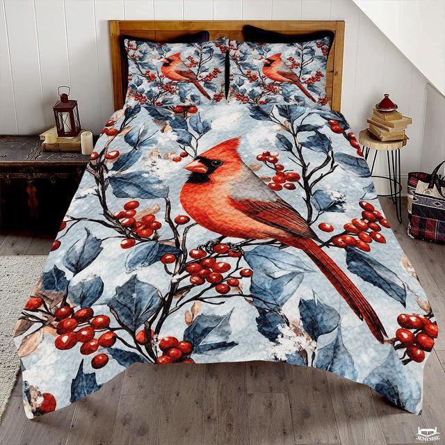 Winter Cardinal on Berry Branch Patchwork Christmas Quilt