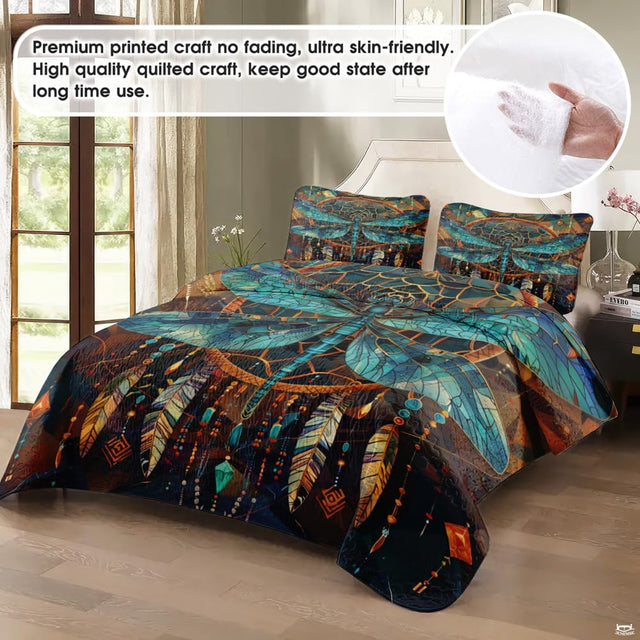 Dark boho dragonfly bedding in a softly lit bedroom