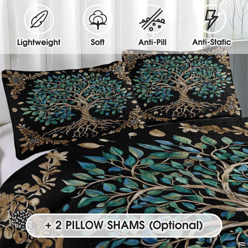 Overhead view of teal and gold Tree of Life bedding styled elegantly across an arranged interior wooden bed frame